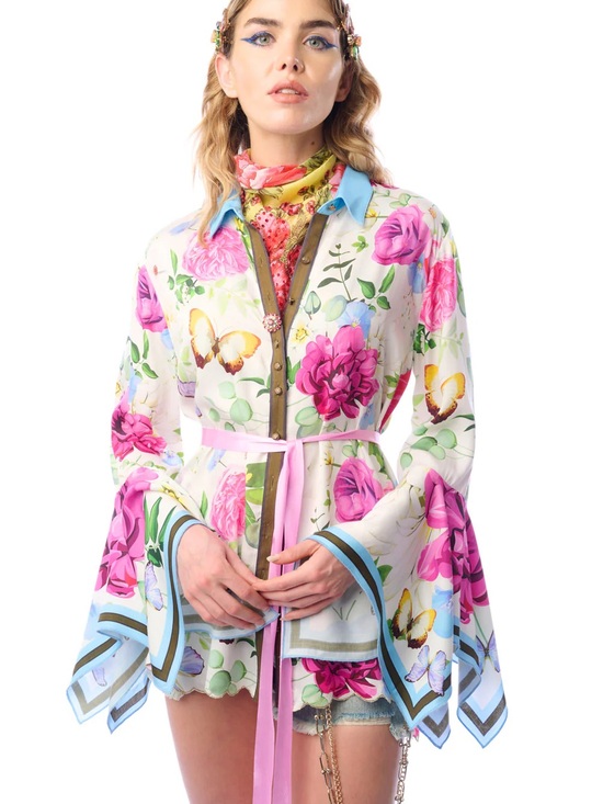 Aratta Tops - Aratta Serenity Springs Floral Butterfly Button Down Blouse Top Shirt M